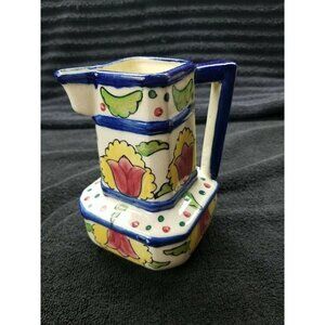 VTG Hand Painted Ceramic Pitcher Made in Japan 6.5 " Tall Blue cracked Glazed .